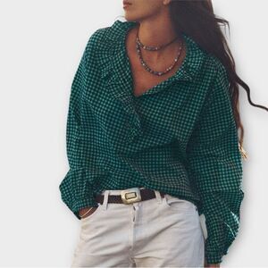 Xirena Caspian Ruffled Henley Long Sleeve Top in Green Woven Plaid Size XS